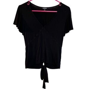 Express V Neck Ruffle Short Sleeve Shirt Black Size Medium